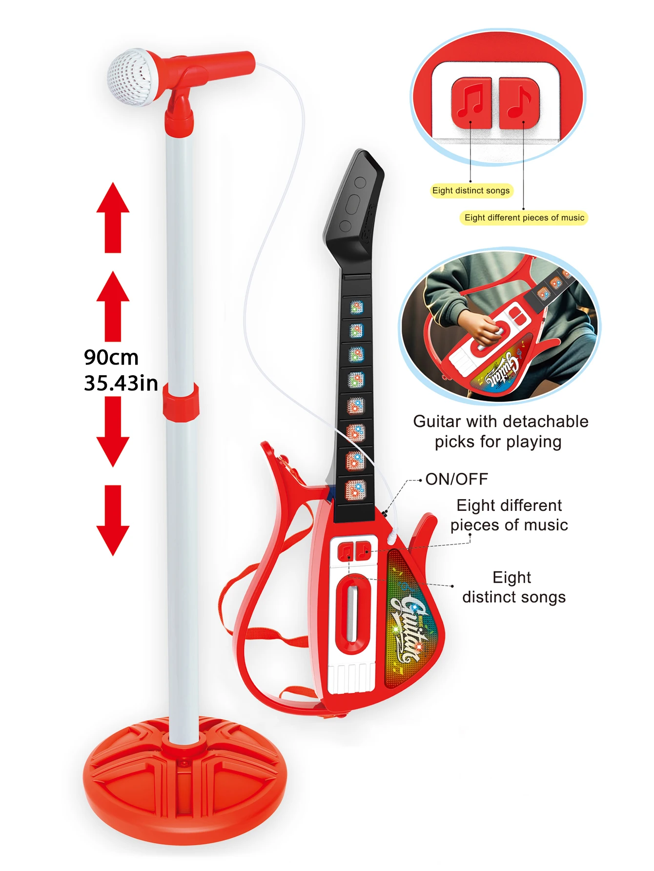 Kids Guitar Musical Instrument Toy With Adjustable Microphone Stand Light‑Up Buttons Built‑in Rhythm Music Detachable Shoulder S