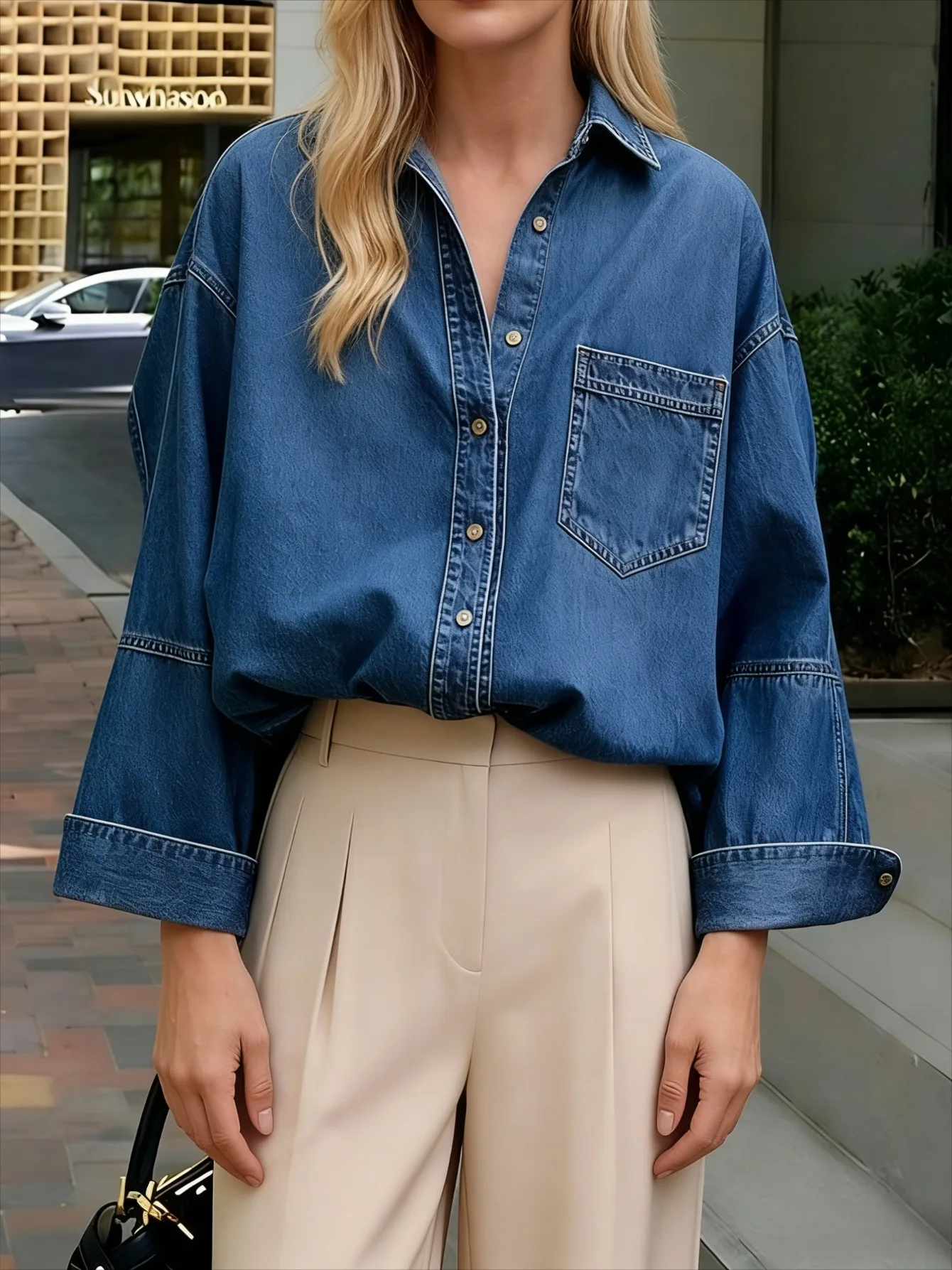 

Spring Women Blue Denim blend Long Sleeves Loose Solid Color Lapel Collar Blouse Shirt Top Casual Streetwear Office Workwear Top