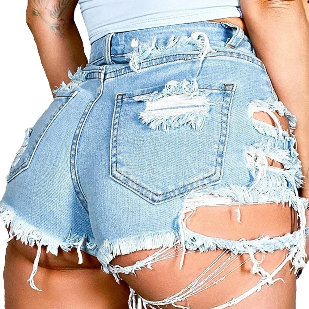 2024 Women\'s Sexy Y2K Ripped  High Waist Denim Shorts with Hollow Out Hole Irregular Tassel Blue Slim Streetwear Summer Fashion