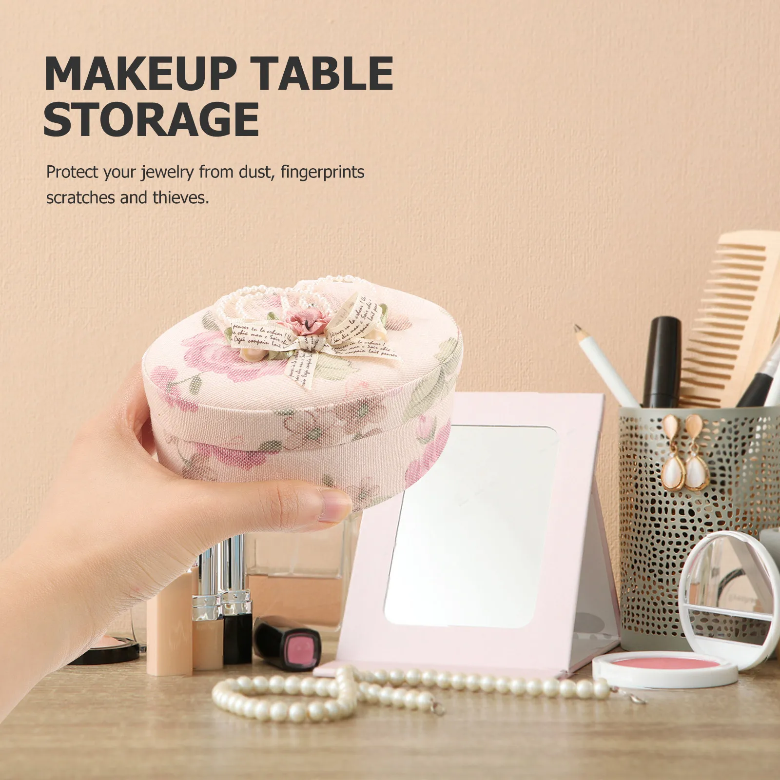 

Compact Portable Jewelry Box Featuring Lace Flower Embellishment Ideal for Rings Necklaces Earrings Bracelets Travel Jewelry