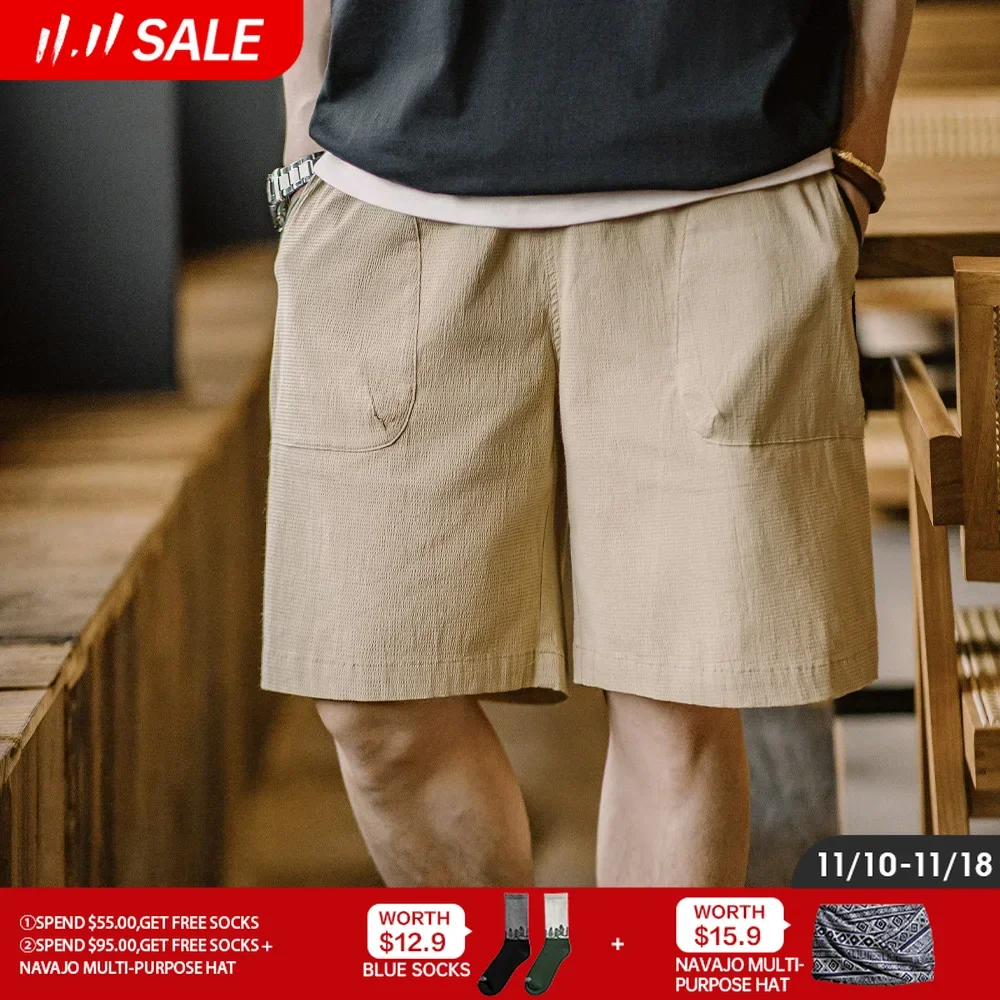 

Maden Casual Seersucker Texture Shorts Contrasting Color Thin Breathable Straight with Elastic Waist Beach Pants for Men