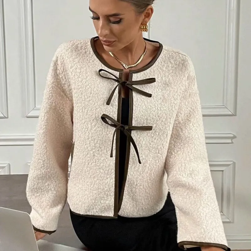 

2025 Autumn Women's Stylish Crew Neck Beige Jacket French-Style Short Outerwear with Bow Detail Design Office Tops Daily Casual