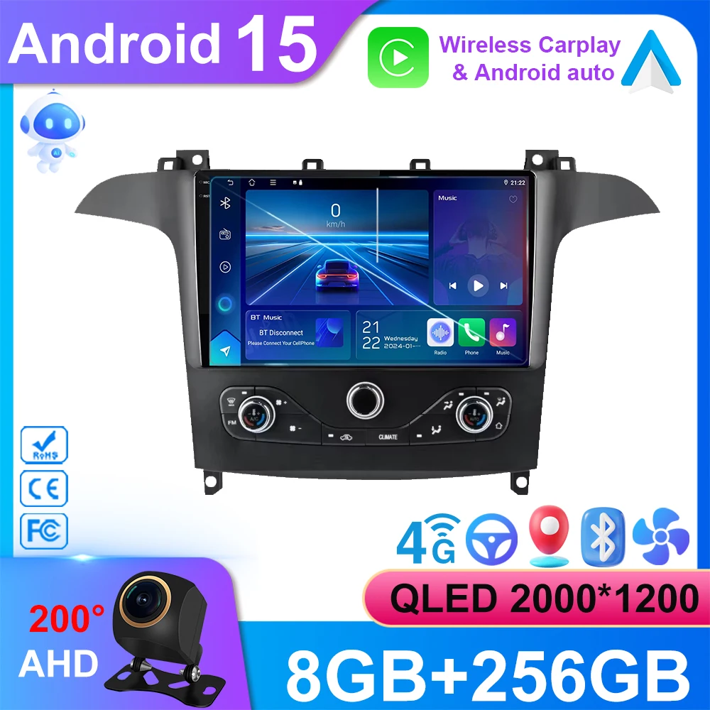Android 15 For Ford S Max S-MAX 2006-2015 For Ford Galaxy 2014 Auto Radio Stereo Multimedia Player GPS Navigation HDR QLED