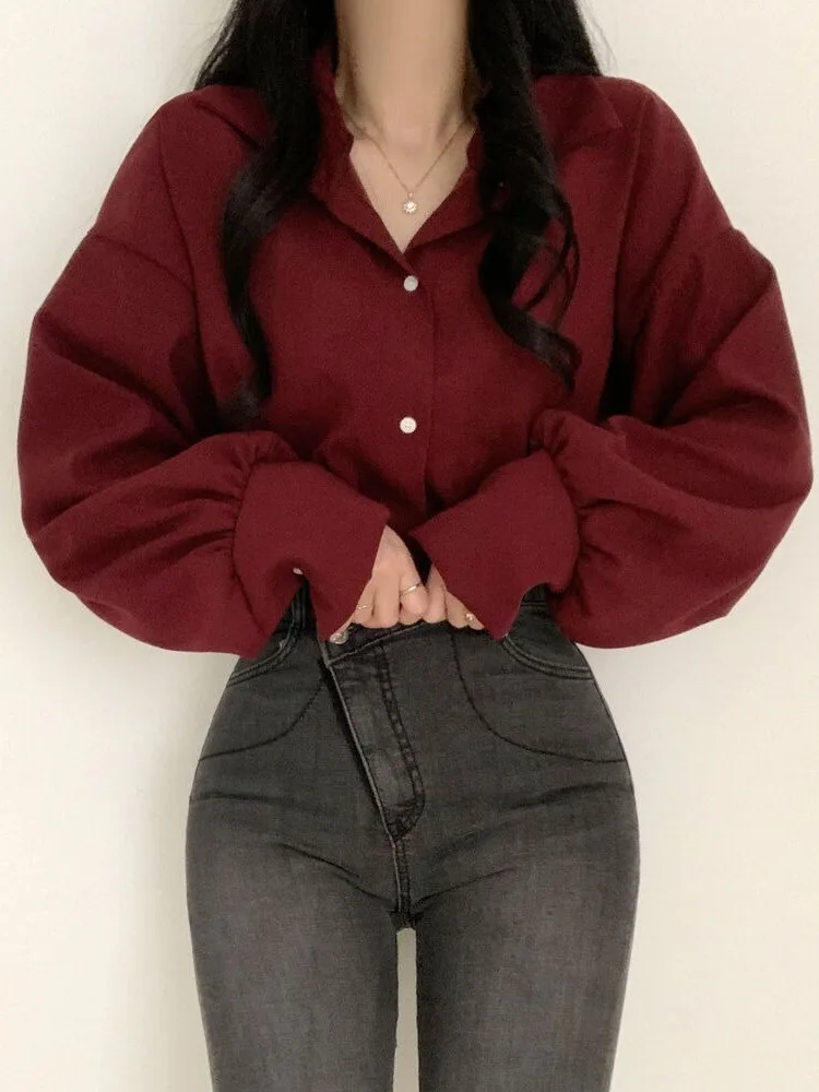 

Chic Red Women's irt Korean Sle Vintage Design Spring Faion Inner Wear Sweet Sle Loose Fit Long Sve Button up