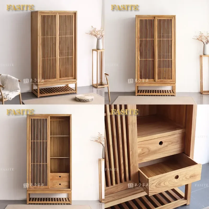For New Chinese Style Old Elm Wardrobe Bedroom Furniture Tenon Mortise Simple Sliding Door Solid Wood Home Song Aesthetics