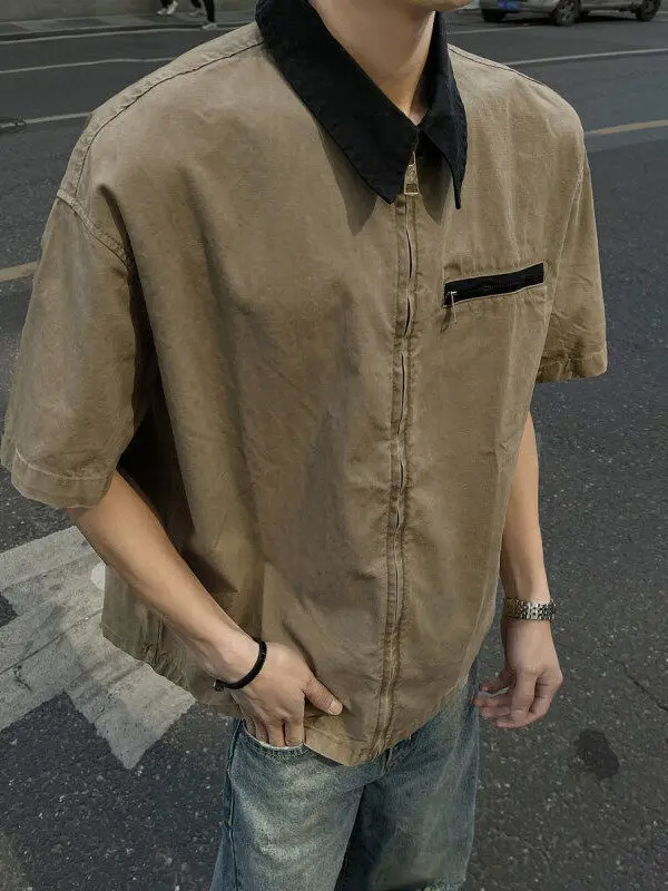 

Retro American Color Blo ort Sve irt Jaet Men's Cleanfit ort Sle Versatile Workwear irt Summer Loose Fit