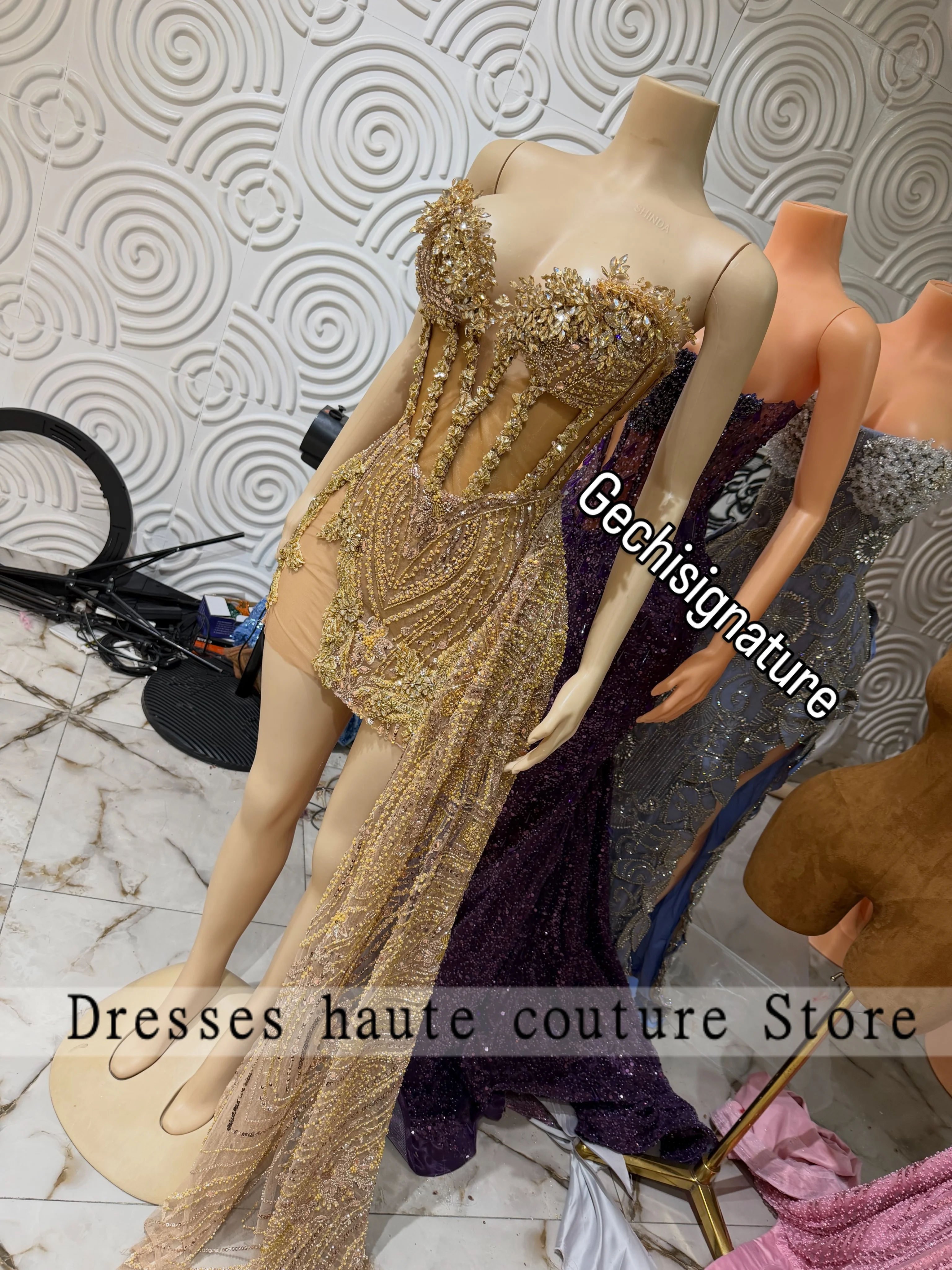 Strapless Gold 3D Flower Beaded Corset Prom Dress 2026 Sheer High Low Mini Birthday Party Evening Gown Aso Ebi Customized