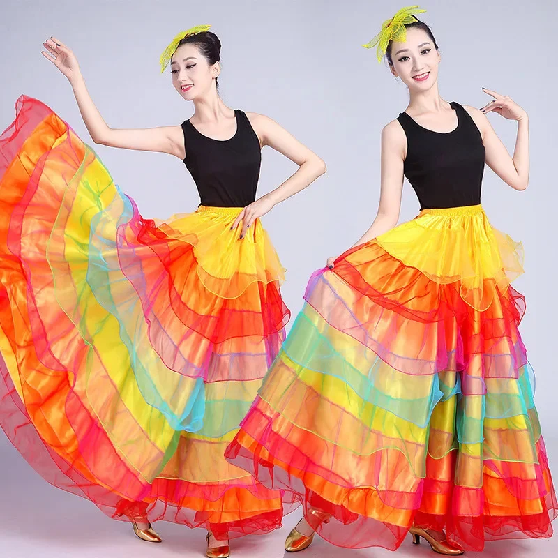 

Women's Stage Clothing Bamei Satin Loose Fit Patchwork Color Folds Half Skirt Opening Dance Big Swing Dress Performance Costume