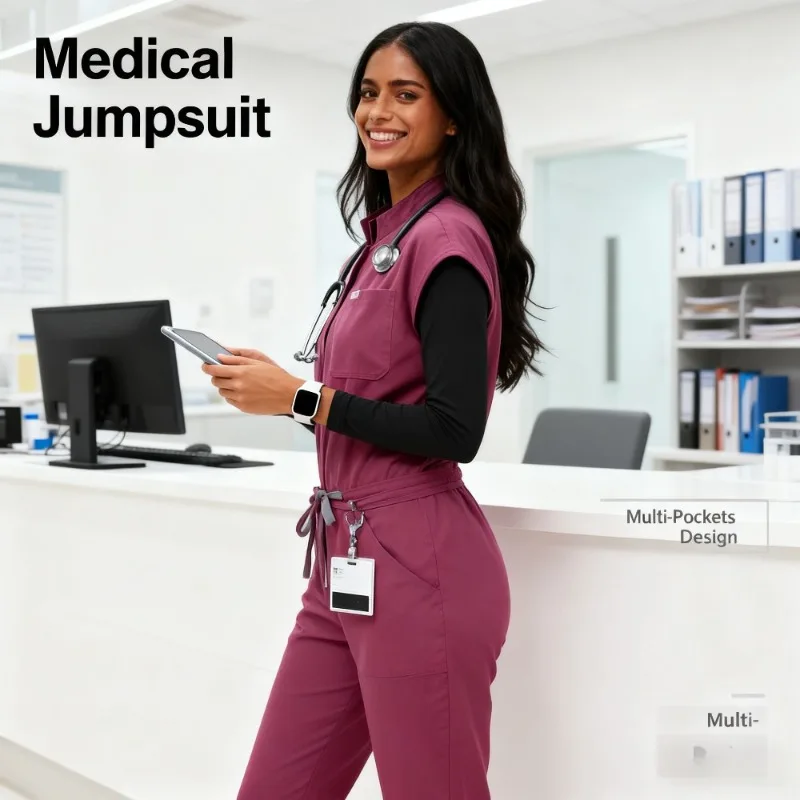 

Womens Frosted Jumpsuit for Pet Hospitals Short Sleeve Uniform with Pockets Soft Touch Workwear