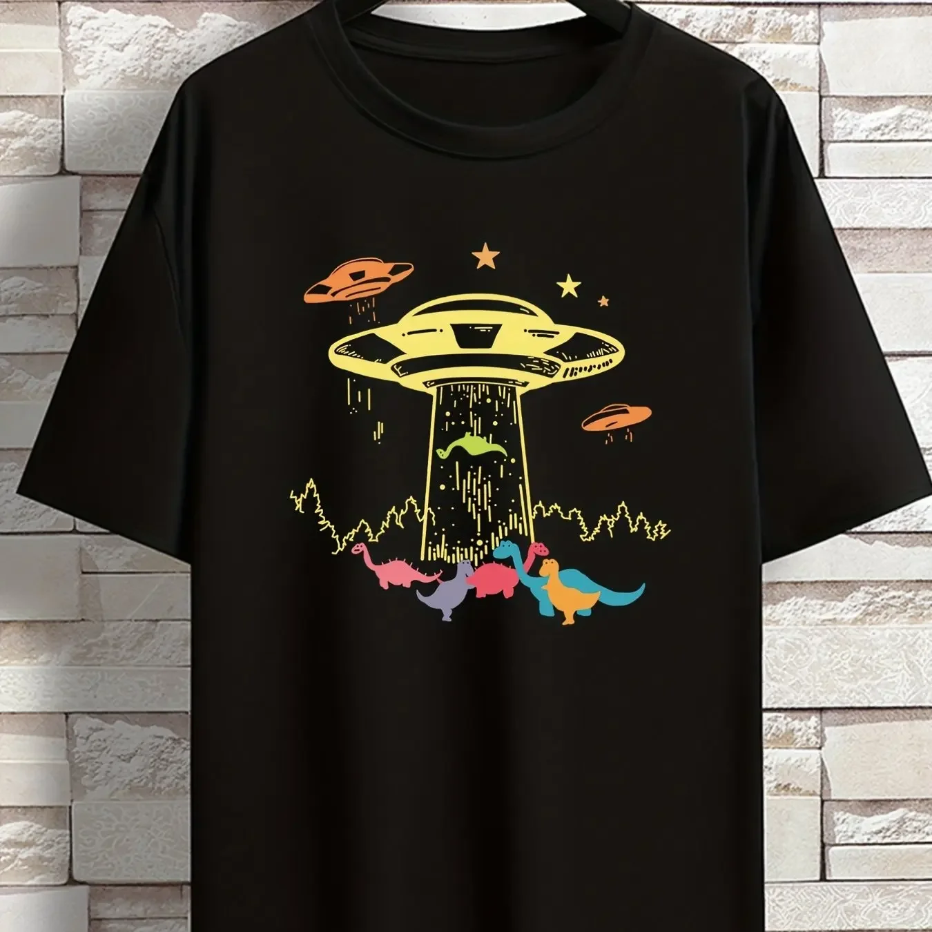 Men Funny UFO Abduct Colorful Dinosaurs Star Sky Cartoon Graphic Front‑print Black Loose Short‑sleeve T‑Shirt Retro Y2K Unisex