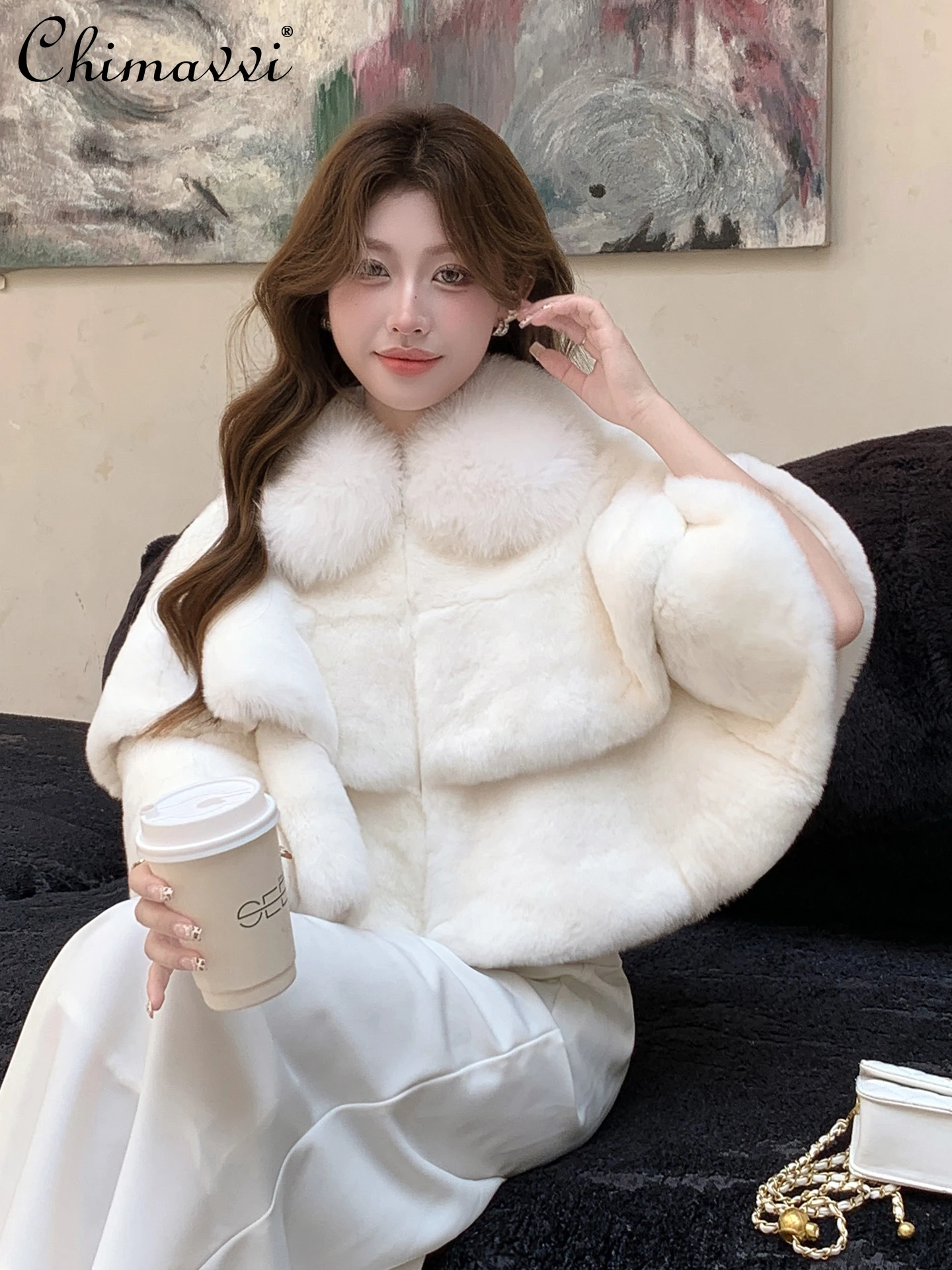 

Осень-зима, новая высококачественная шаль из искусственного меха кролика рекс, милая теплая элегантная накидка с воротником из искусственного лисьего меха для девочек, женская шуба