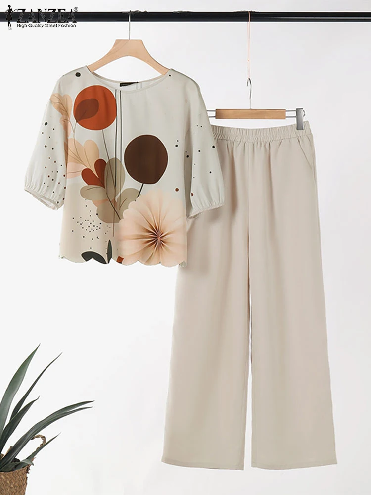 

ZANZEA Women Vintage 2PCS Autumn Matching Sets Fashion Floral Printed Blouse Pants Sets Two Piece Sets Outfits Loose Tracksuit