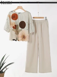 ZANZEA Women Vintage 2PCS Autumn Matching Sets Fashion Floral Printed Blouse Pants Sets Two Piece Sets Outfits Loose Tracksuit