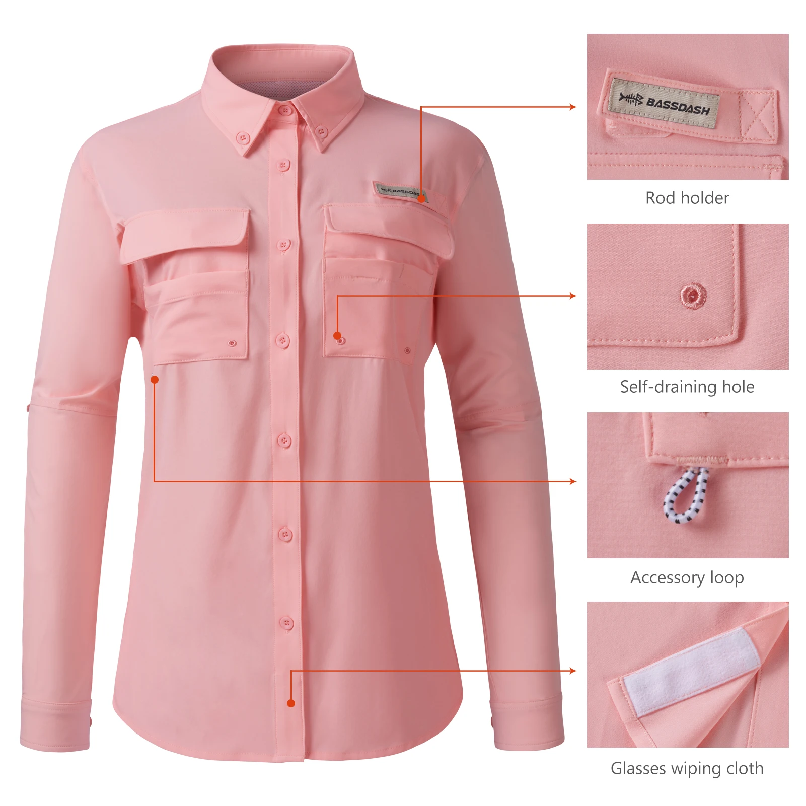 BASSDASH Women Solid Long Sleeve Fishing Button Shirt Multi Pockets Breathable Quick Dry UPF 50 Upper Outer Garment FS21W