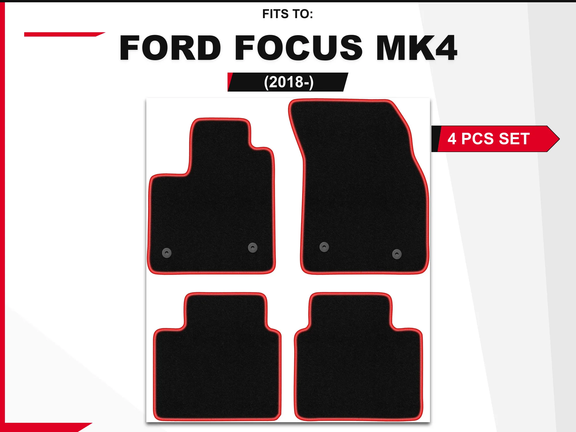Tapis en velours pour Ford Focus MK4 2018 - Ensemble de revêtements de sol de voiture assortis noir et rouge