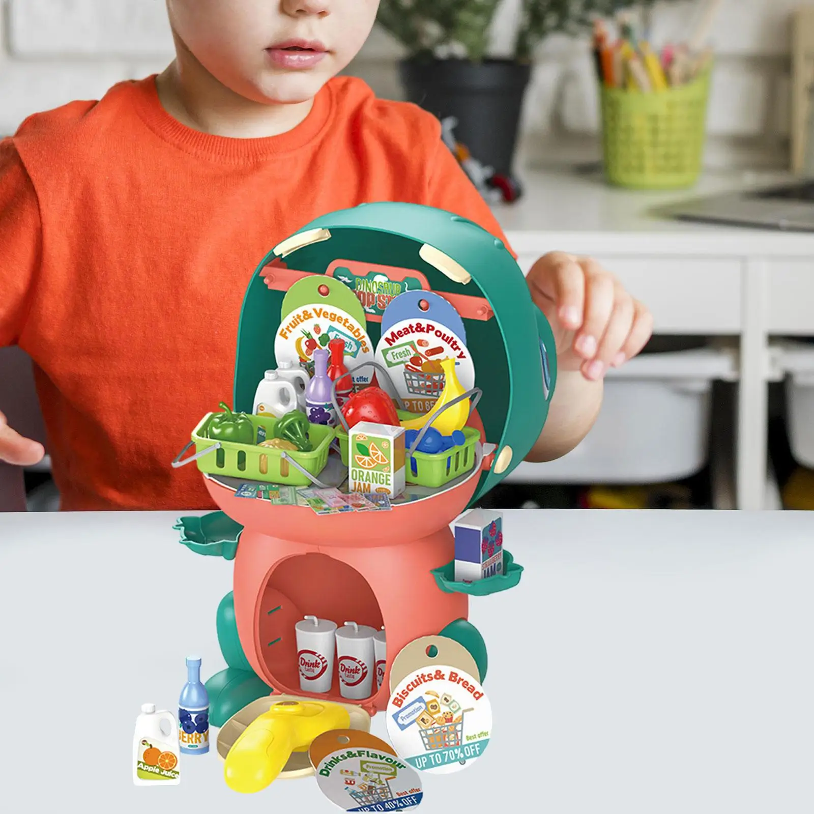 Dinosaur Theme Pretend Play House Toys for Kids Kitchen Playset with Simulation Food Interactive Cooking Toy Educational