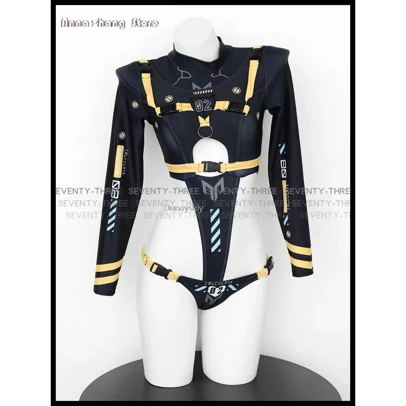 Cyber Mechanische Cosplay Jumpsuit Badpak Punk Uitgehold Sukumizu Kostuums Badmode Bodysuit Sexy Vrouwen