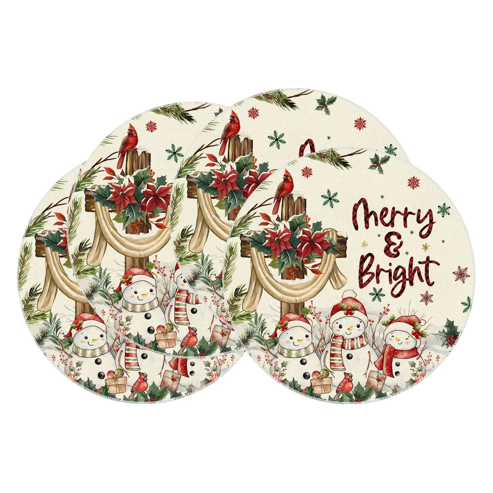 

Snowman Christmas Cross Poinsettia Florals Winter Xmas Placemats Round Placemats Table Mats for Party Dining Table Decor 14 Inch