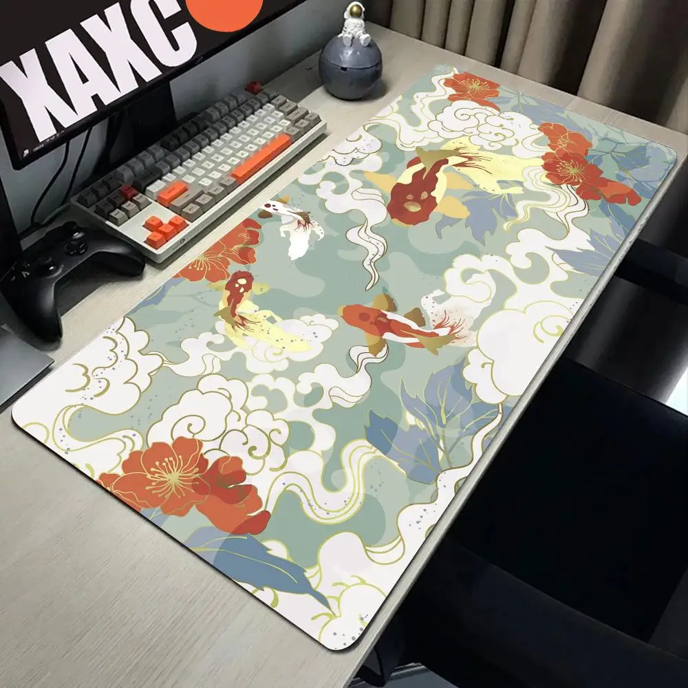 Japanese Mousepad Koi Desk mat Minimal Japan Mousepad Gold Blue Anime Aesthetics XXL Gaming Deskmat Nature Large Mouse Pad 90x40