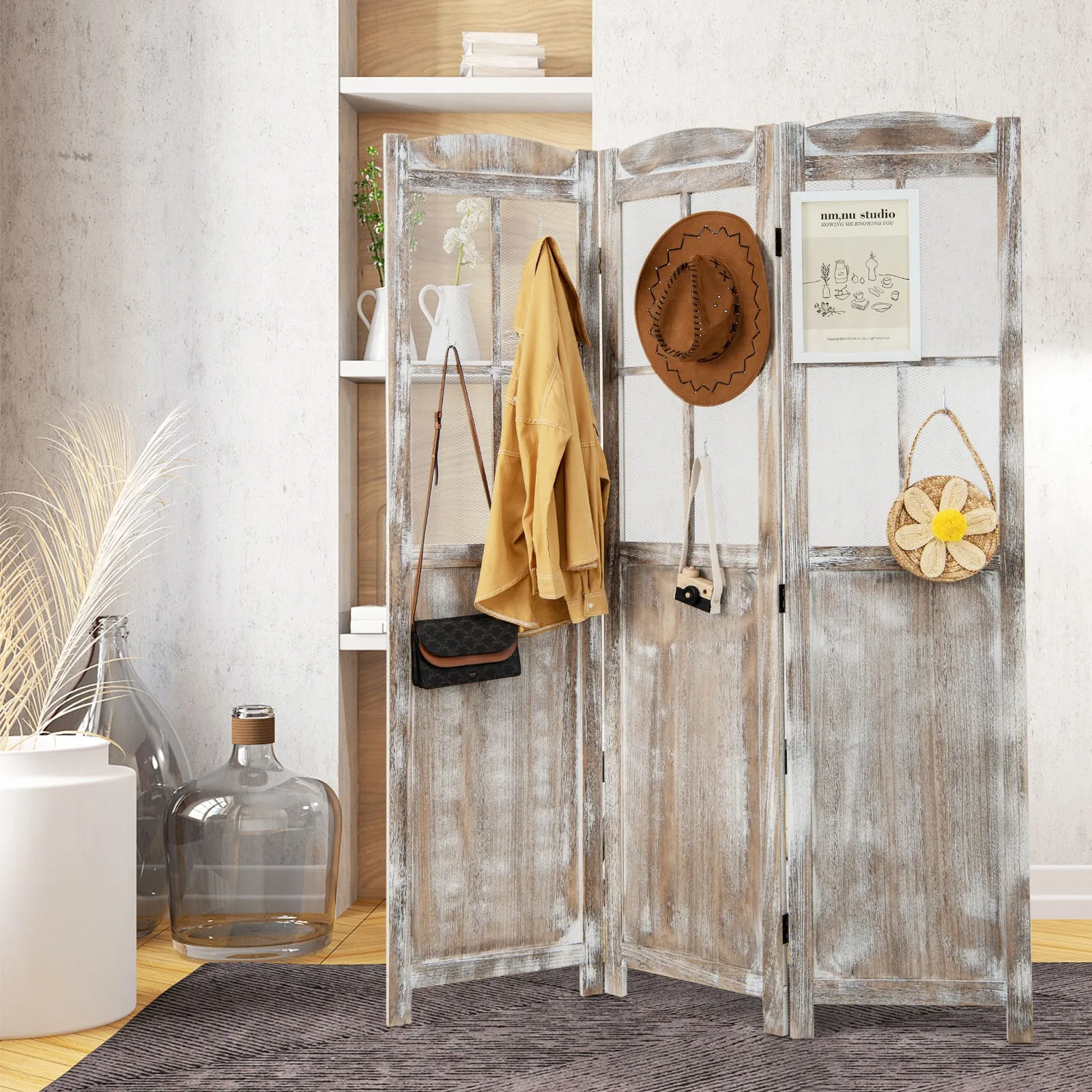 3-Panel Folding Room Divider Natural Rustic Paulownia Wood Frame Divider Screen