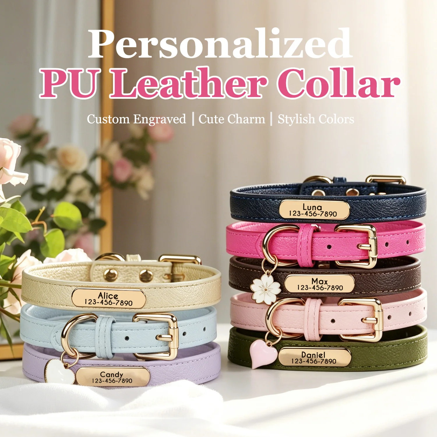 Personalisiertes Hundehalsband aus PU-Leder, kostenlos mit individuellem Hundennamen, Haustierhalsband mit niedlichem Anhänger, weich, für kleine und mittelgroße Hunde und Katzen – Detail 2