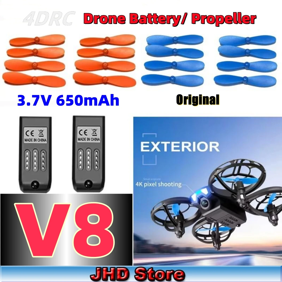 

JHD 4DRC V8 Drone Battery 3.7V 600MAH For 4D-V8 Quadcopter V8 Spare Replacement Battery V8 Propeller Blades Maple