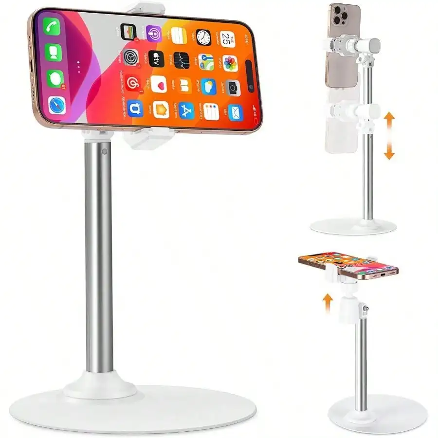 Phone Stand Recording Videos, Adjustable Phone Holder Desk, 16cm Diameter Metal Base, 360 Rotating Overhead Mount Live Streaming, Height Adjustable To 35cm