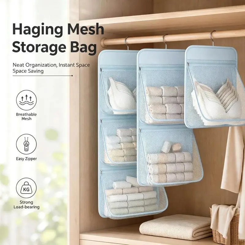 Hanging Closet Organizer Breathable Mesh Pockets Large Capacity For Underwear Socks Bras Small Wardrobe Items