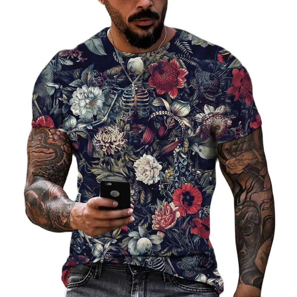 Fashion New Flowers and Skulls graphic t shirts For Men Summer Casual Trend Hip Hop streetwear Personality Printed O-neck Tees