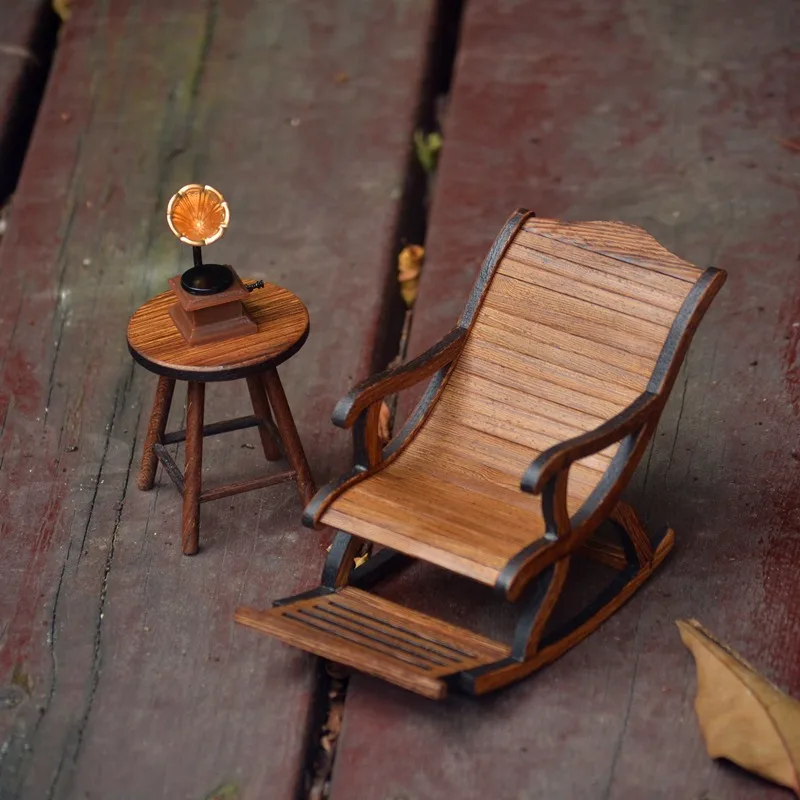 

Miniature furniture model, mahogany mini solid wood recliner, record player miniature ornament