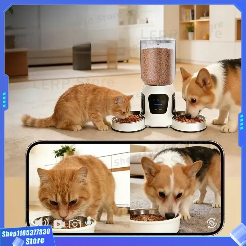 Smart WiFi Pet Feeder Automatic Food Dispenser with Dual HD Camera Remote Timing Control Double Bowl for Multi Cat Dog