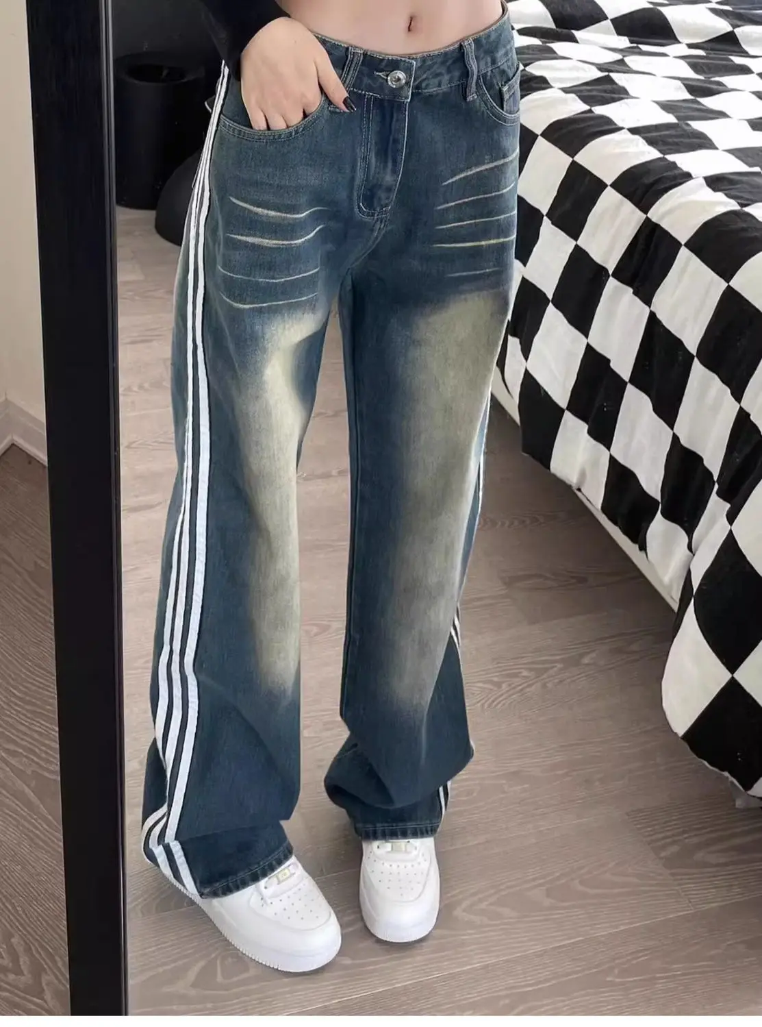 Jeans Side Stripe High Waist Streetwear Retro Washed 2024 Summer New American Women Leisure Loose Leg Straight Leg Pants