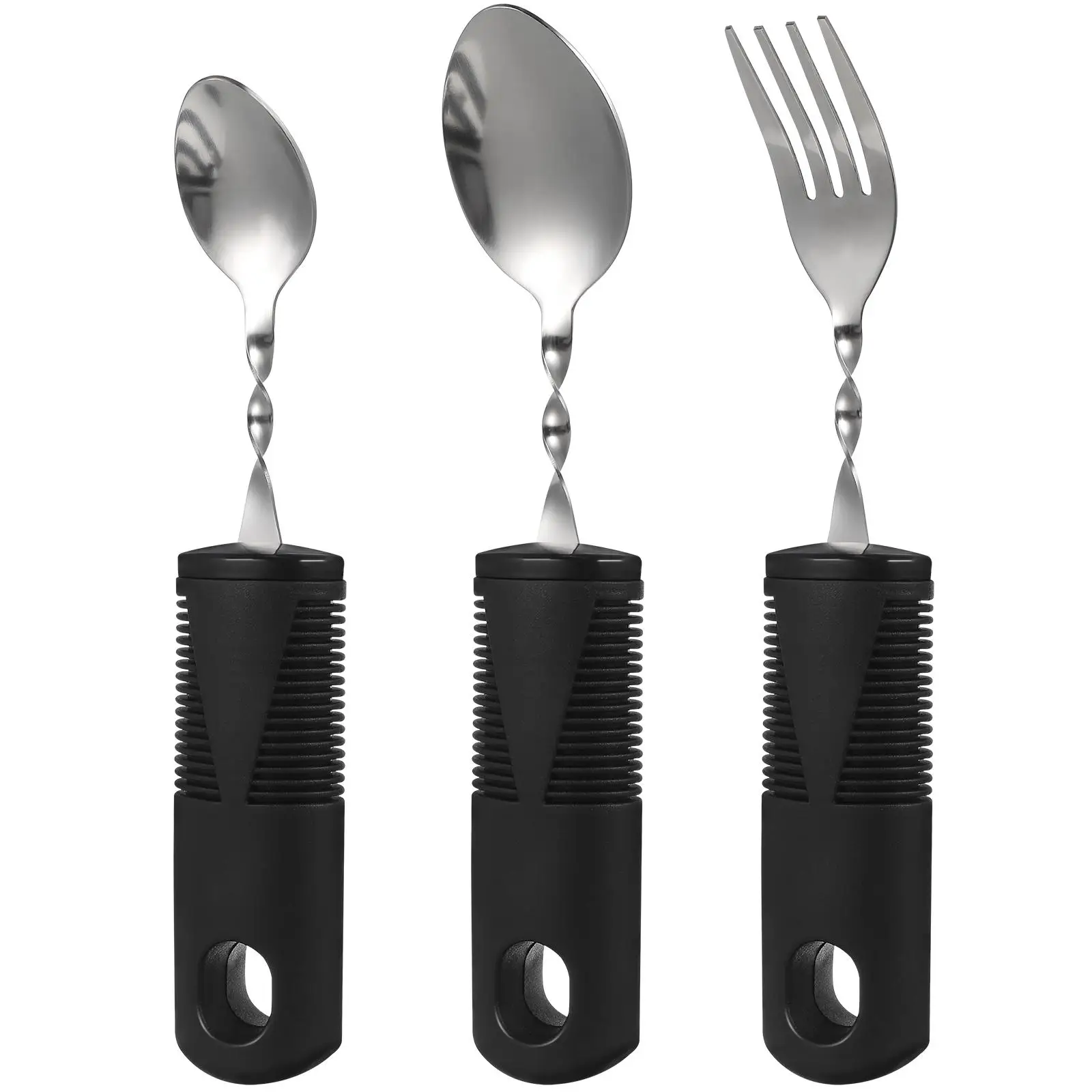 

3 Pcs Foldable Anti Shake Dining Utensils Set Black Large Grip Spoon Fork Elderly Disabled Adaptive Aids Kitchen Bar Tools