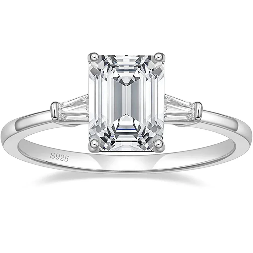 3CT 925 Sterling Silver Engagement Rings 3-Stone Emerald Cut Cubic Zirconia Wedding Promise  for Women Gft Jewelry