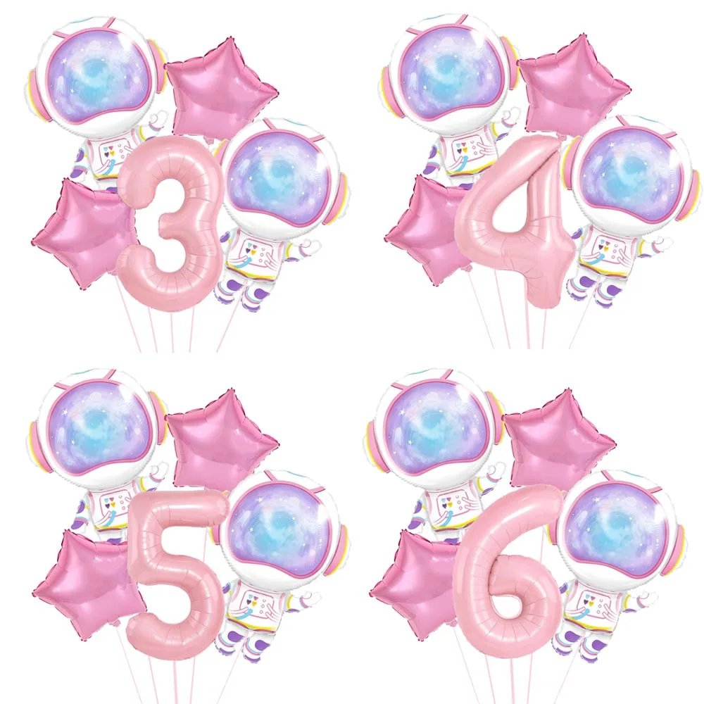 1st-9th Outer Space Birthday Party Decorations Pink Astronaut Foil Balloon Number Balloon for Girls Space Themed Birthday Party