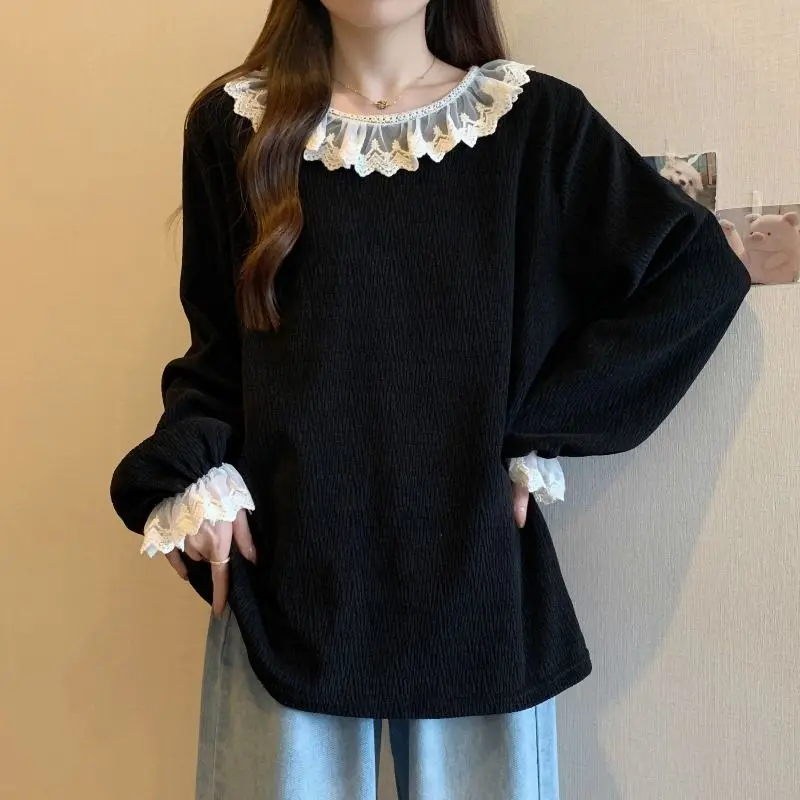 

French Style Lace Sweatshirts Female Clothing Chic Ruffles Spliced Spring Autumn Loose Basic Solid Color Long Sleeve Pullovers