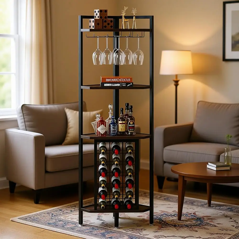 

4-Tier Industrial Style Wine Rack with Glass Holder and Storage Shelves for Small Spaces (Brown)
