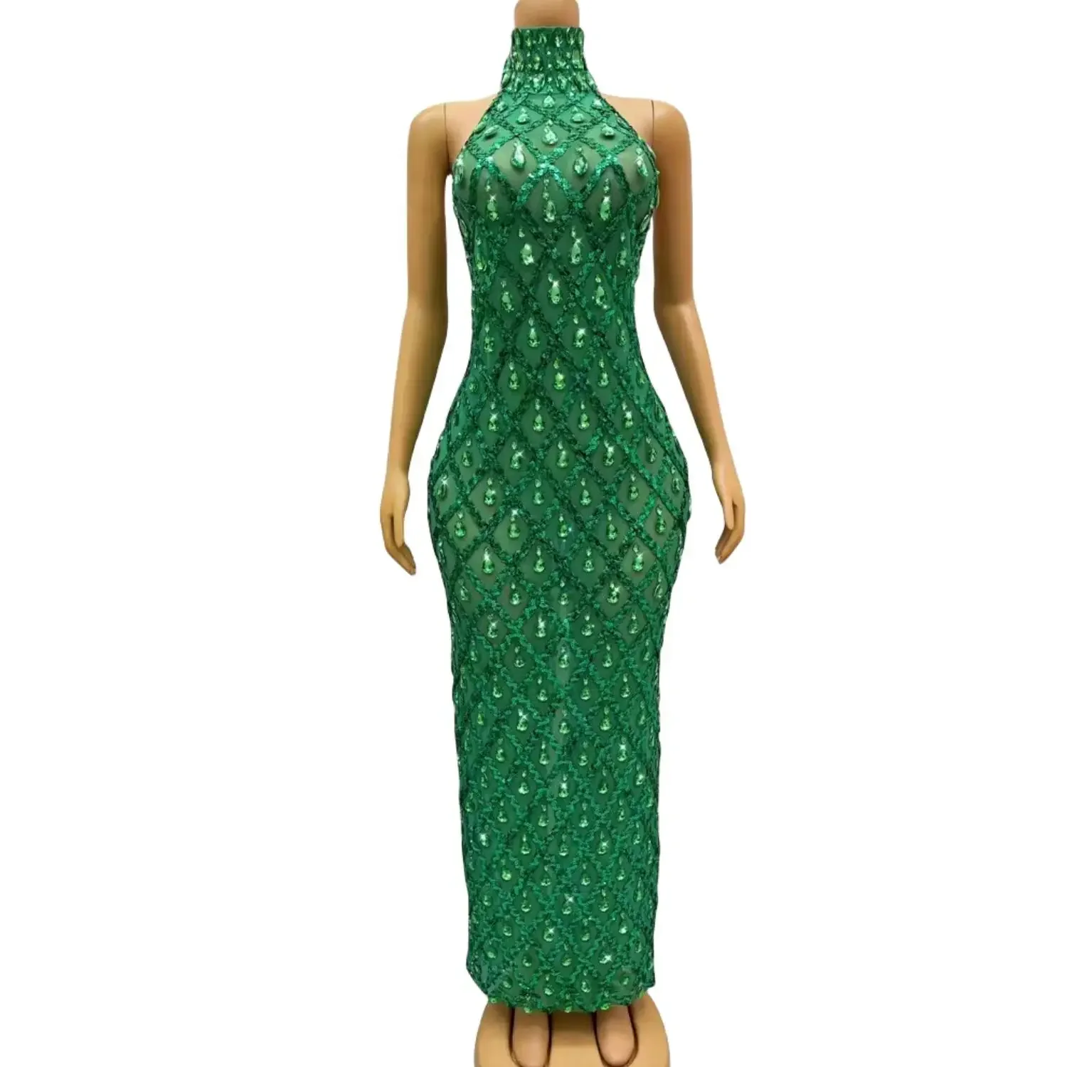 Sexy Stage Gown Sparkly Green Sequins Sleeveless Birthday Dress Women Shiny Evening Celebrate Outfit Stretch Mesh Diamonds Dress