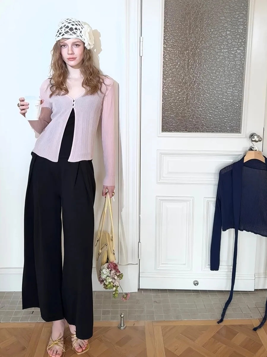 

Pink Conquest Tree Sweater RAYON Knitted ort Thin Ice Silk Women's Outerwear oulder awl Button Detail V-ne Lon...