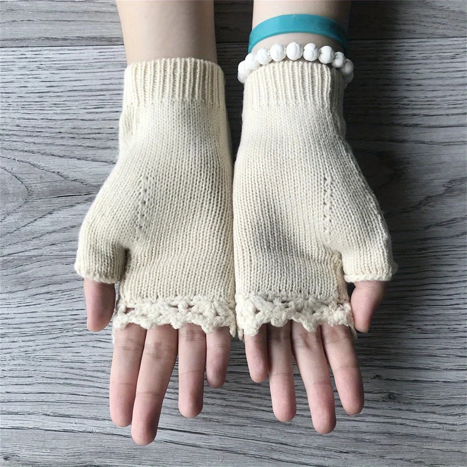 Women Knitted Fingerless Gloves Floral Embroidered Crochet Thumbhole Mittens Women's Winter Warm Rose Flower Half Finger Gloves