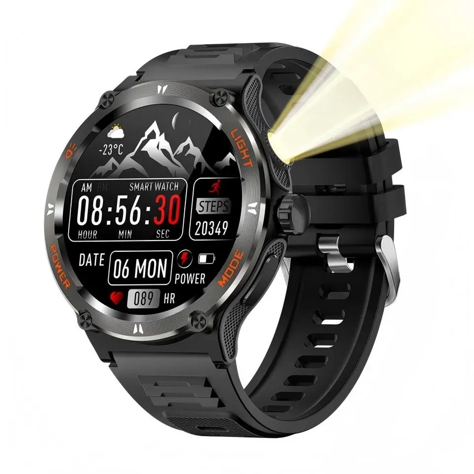 

KT76 Sports Smartwatch Men With Flashlight 1.53-inch HD Screen BT Calls 3ATM Waterproof Compass Health Monitor