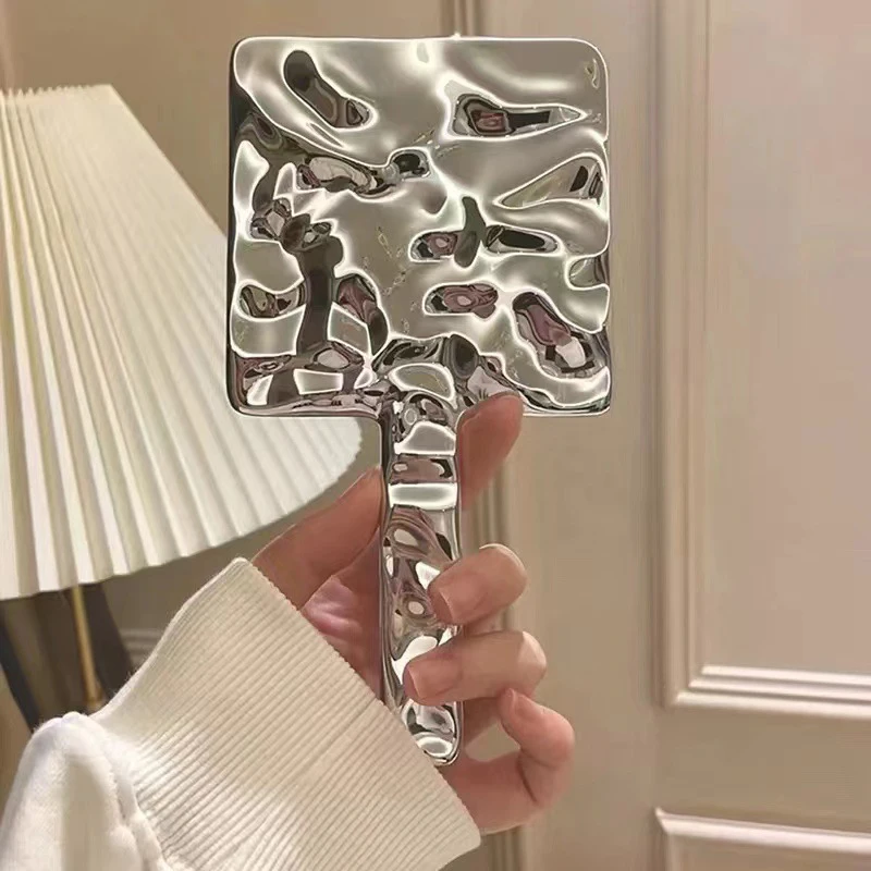 مرآة مكياج بمقبض مطلي بالكهرباء، مرآة مكياج محمولة مستديرة اليد مربعة الشكل S/M/L