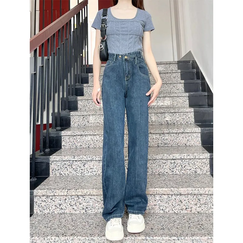 

High Waist Wide Leg Jeans Women's Loose Fit Straight Cut Denim Pants Autumn plus Size Irregular Design Side Bule