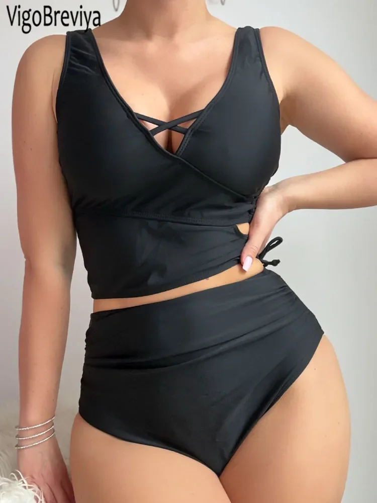 

VigoBreviya 2025 Sexy Solid Strapped Swimwear Women Cross Push Up Tankini Brazilian Lady Swimsuit High Waist Hollow Bath Suit