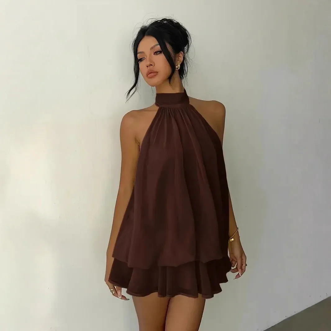 Damen Chiffon-Minikleid mit Neckholder, ärmellos, mehrlagig, mit Rüschen, fließend, einfarbig, locker, A-Linie, Sommer-Party, Strand, Freizeit-Sommerkleid – Detail 25