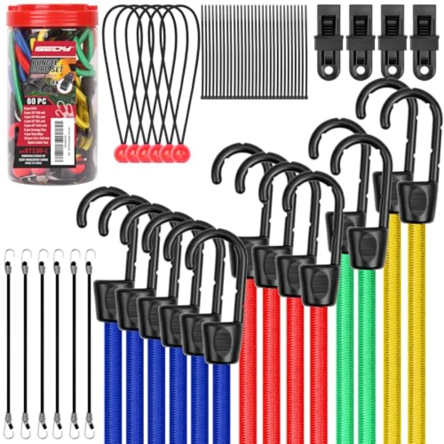 

60-Piece Bungee Cords Assorted Sizes - 10" 18" 24" 32" 40" Bungee Cords with Hooks Heavy Duty Outdoor Large Medium Small Mini E