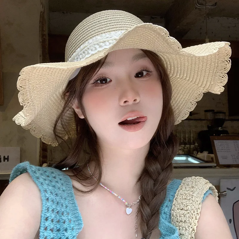 French Style Bow Lace Lace-up Straw Hat Female Summer Big Brim-Shade Hat Seaside Big Circumference Hepbu