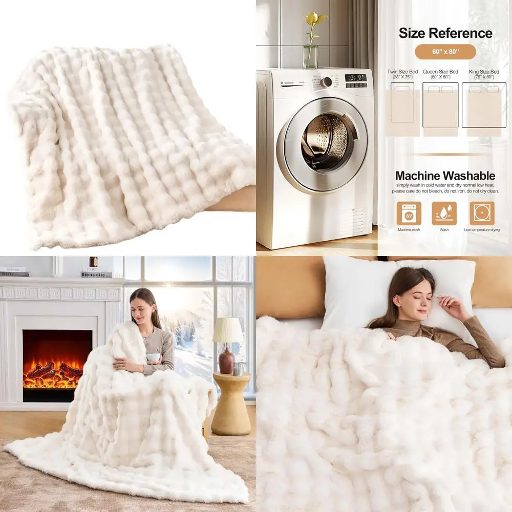 

Элегантное кремово-белое плюшевое одеяло с кроличьим мехом, 60x80 дюймов, мягкое и теплое для кровати или дивана
