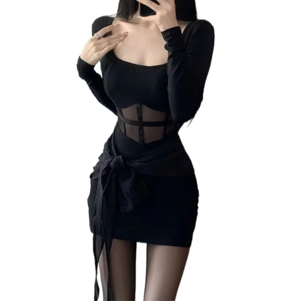 Sexy and Pure Desire Lace Splicing Half Perspective Waist Style Black Slimming Dress with Lace Decoration and Hip Wrapping Dress