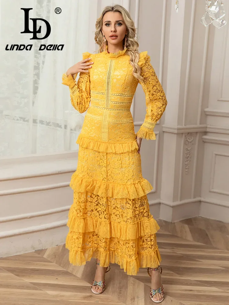 

LD LINDA DELLA 2025 Spring/Summer New Women's Fashion Stand up Collar Light Luxury Retro Mushroom Edge Lace Splicing Long Dress